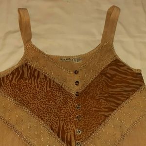 Beautiful brown and tan dress, buttons all down the front, embroidery,flattering